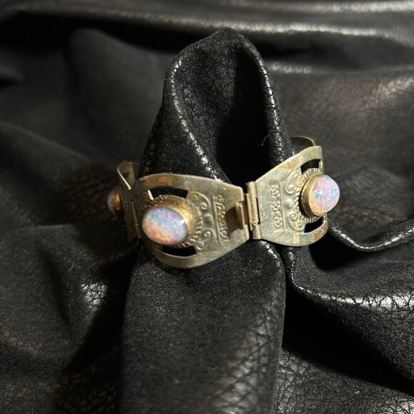 VTG Hecho En Mexico Sterling 925 Glass Opal Cabochon Panel Link Bracelet Sz 7” - Picture 2 of 8